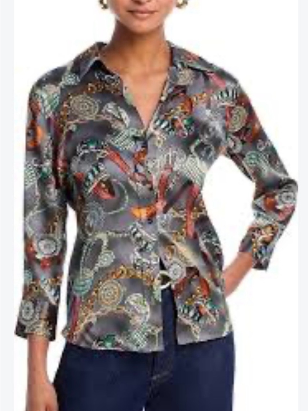 L’Agence Dani Gray Multi Western Print Silk Button-Down Shirt size S